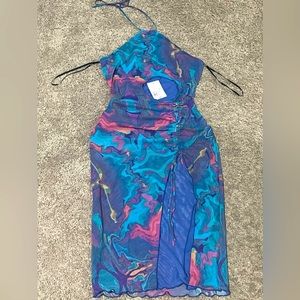 Multi color bodycon cutout dress with halter spaghetti straps